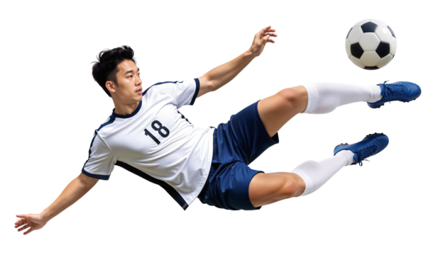 Pro Asian male football player doing an airborne overhead scissor shot - Powered by Adobe
