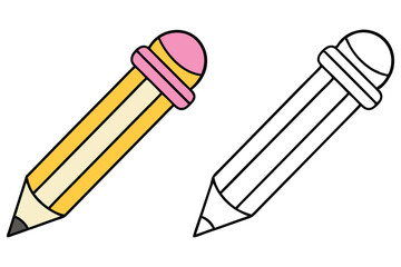 Colored and outlined pencils with pink erasers are displayed against a white background