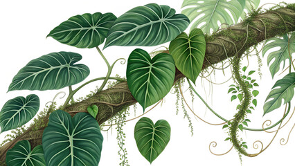 Obraz premium Lush tropical foliage featuring philodendron gloriosum and monstera leaves on a mossy branch, isolated on transparent background