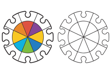 Colored sections fill a puzzle pie chart, while a plain outline mirrors its design