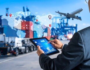 Businessman using tablet, global logistics