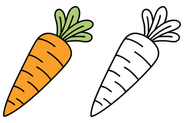 One orange carrot alongside its black and white outline on a white background
