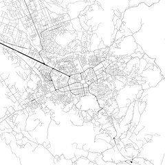 Monochrome city map with road and train network of	Tirana, Albania