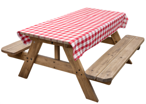 A rustic wooden picnic table with attached benches. The tabletop is covered with a classic red and white checkered tablecloth that drapes over the edges. The table and benches are made of natural-tone