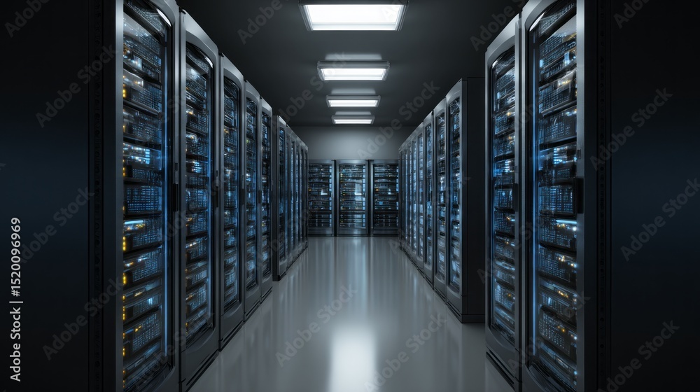 Poster Secure server room with organized database systems illuminated by overhead lights