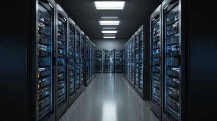 Secure server room with organized database systems illuminated by overhead lights
