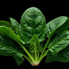 Fresh Spinach Leaves with Water Drops on Black Background