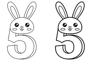 Two black and white line drawings display bunny heads atop the number five