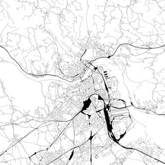 Monochrome city map with road and train network of	