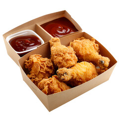 Crispy Fried Chicken Meal with Dipping Sauces on transparent background