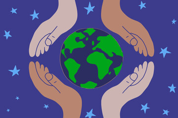 illustration. Hands around the Earth representing unity and global protection