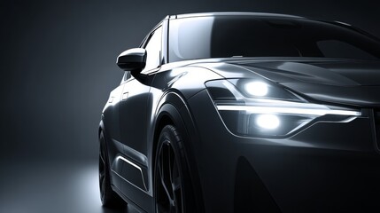 Fototapeta premium Sleek black car with illuminated headlights against a dark backdrop.