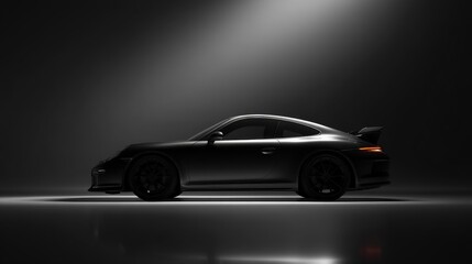 Obraz premium Sleek black sports car showcased under dramatic lighting in a minimalistic studio.