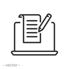 write content icon, social personal blog, latest information, news announce, paper document page in pc, thin line symbol on white background - editable stroke vector illustration