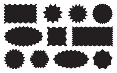 Retro Badge Label Wavy Edge Rectangle, Oval, Circle Black and White Set. Abstract Elements for Label, Badge, Template, Web Design and Social Media