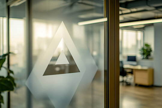 Elegant tech-style A logo on frosted glass panel in software dev office lobby