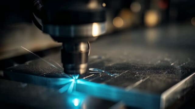 Automated industrial laser engraving machine processing transparent acrylic sheet, emitting bright blue light, creating precise patterns and designs