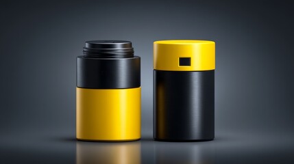Stylish insulated beverage containers in modern black and yellow design.