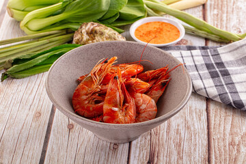 Delicous boiled tiger prawn with sauce