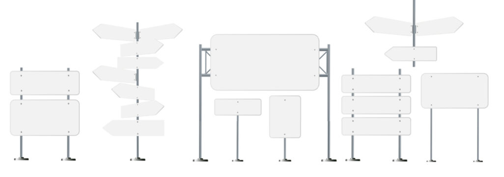 Road, traffic signs. Highway signboard on metal pole. Blank white board with place for text. Directional signage and way finder. information sign vector mockup.