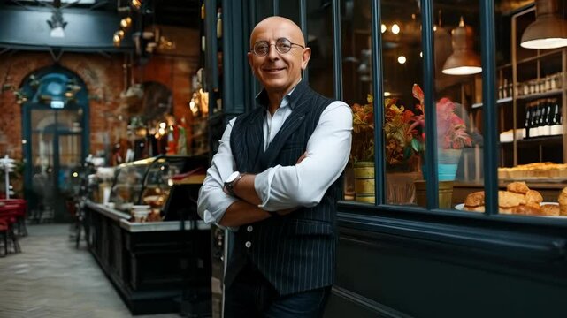 Bald male business owner smiling and posing inside of his vintage style restaurant next to a window looking proud of his work