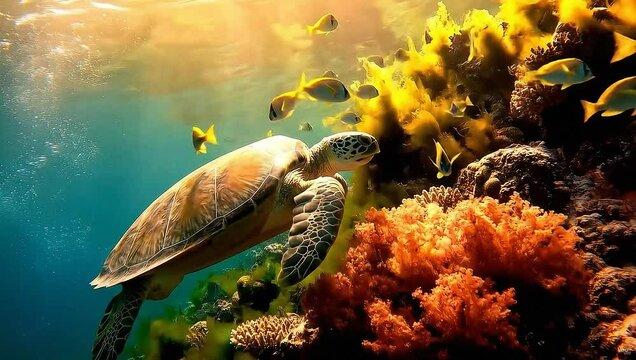 A leatherback turtle swims slowly as bright fish dart through vivid coral. Sunlight beams ripple underwater. Calm, photorealistic, lush scene with bubbles and swaying seaweed.