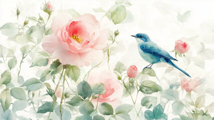A close-up shot of watercolor abstract pink roses and wildflowers surrounded by delicate green leaves, with a blue bird perched nearby, soft light