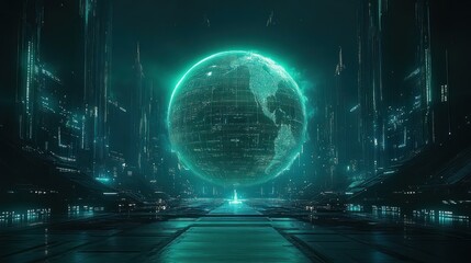Fototapeta premium Futuristic cityscape with glowing Earth