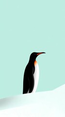 Fototapeta premium A charming minimalist illustration featuring a black and white penguin with a distinctive orange chest patch, standing against a soothing pastel blue background. This clean design with ample white