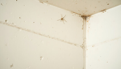Spider crawling in the corner of a dirty white wall  