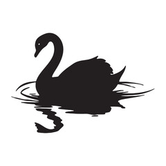 Elegant silhouette illustrations of black swans swimming peacefully with mirrored reflections and flowing water lines