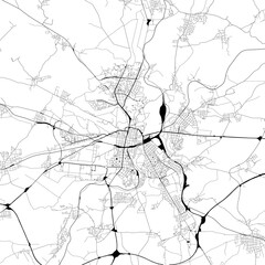 Monochrome city map with road and train network of	Plzen, Czechia