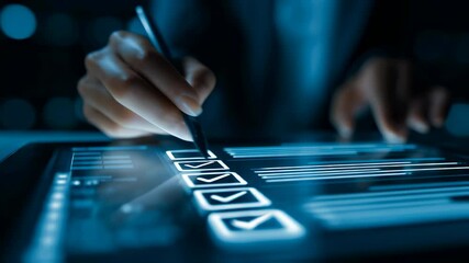 Businesswoman using stylus pen selecting checkboxes on a futuristic digital tablet, completing tasks, filling online survey form or e learning