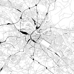 Monochrome city map with road and train network of	