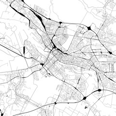 Monochrome city map with road and train network of	