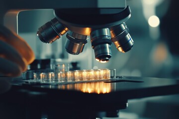 Close-up of a laboratory microscope with illuminated petri dishes, highlighting scientific research and microbiology in a modern lab setting