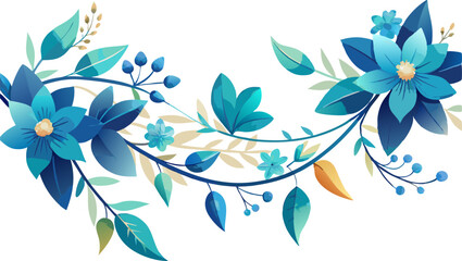 Elegant horizontal garland with ocean blue blossoms and teal vines, on white background. abstract floral background © Cartoon Maker 2