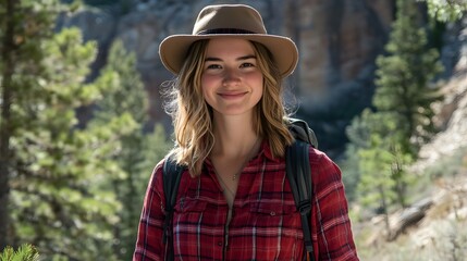 Young woman wearing a plaid shirt and hat outdoors.