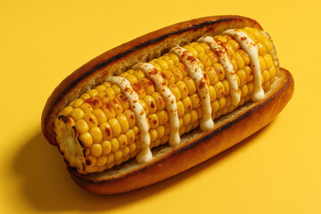 Creative fast food concept featuring unexpected non food ingredients assembled in a whimsical hot dog on yellow background