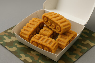 Crispy fried snacks shaped like miniature tanks arranged in a white box on a camouflage patterned surface for creative food presentation