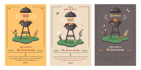 Set of BBQ card in cartoon style. Barbecue party. Summer picnic. Summer barbecue picnic. Bbq background with grill, steaks, meat food, vegetables, cutlery, text. Vector cartoon illustration