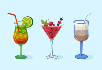 Set of summer drinks with straws and ice cubes. Lemonade, martini and iced coffee. Vector illustration on light blue background. For bar/cafetheme, menu design.