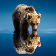 Obraz premium A brown bear drinks from the water with a reflection of itself on the surface of the water below it