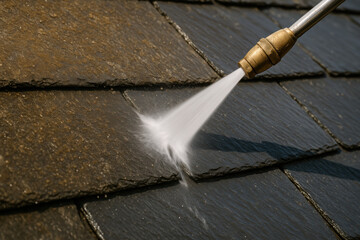 High pressure water cleaning on dark roof shingles removing dirt and grime with power washer nozzle focused on surface maintenance