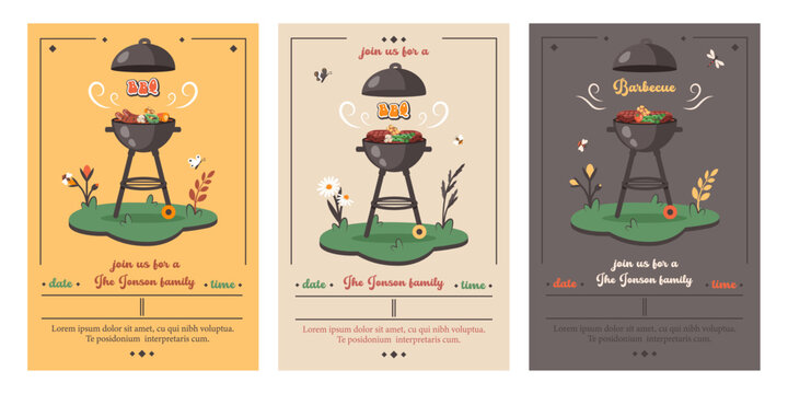 Set of BBQ card in cartoon style. Barbecue party. Summer picnic. Summer barbecue picnic. Bbq background with grill, steaks, meat food, vegetables, cutlery, text. Vector cartoon illustration