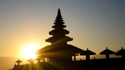 Sunrise Silhouette with Balinese Temple.