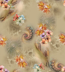 Modern floral repeat pattern with abstract style flowers

