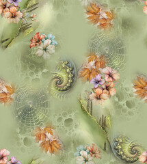 Modern floral repeat pattern with abstract style flowers
