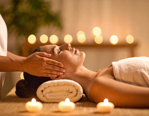 Facial Spa Treatment in Elegant Private Room, A woman receiving a relaxing facial treatment from a spa therapist in a softly lit, elegant room. Ideal for use in skincare ads, spa service brochures, or