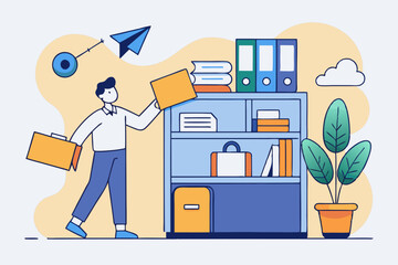 Office organization, file management, workspace tidy, professional work, document arrangement, person sorting items, cabinet storage, office supply, work efficiency, orderliness.